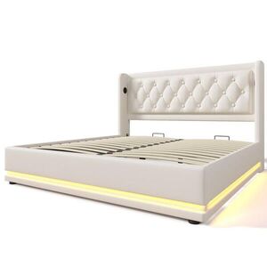Modfu ČALÚNENÁ posteľ z PU 160x200 cm biela s hydraulickým úložným priestorom, USB-C a LED osvetlením vyobraziť