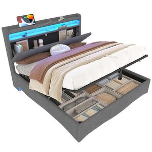 Modfu ČALÚNENÁ posteľ z ľanovej tkaniny 140x200 cm béžová s LED osvetlením, USB a Typ-C portami, hydraulickým úložným priestorom vyobraziť