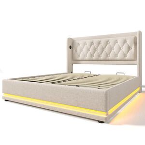 Modfu ČALÚNENÁ posteľ z bavlny 140x200 cm béžová s USB-C, LED osvetlením a hydraulickým úložným priestorom vyobraziť