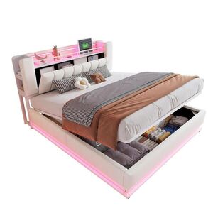 Modfu ČALÚNENÁ posteľ z MDF, kovu a látky 180x200 cm béžová s LED osvetlením, USB a hydraulickým úložným priestorom vyobraziť