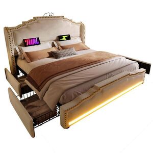 Modfu ČALÚNENÁ posteľ z velúru 140x200 cm béžová s LED osvetlením, USB a Type-C portom, 4 zásuvkami vyobraziť