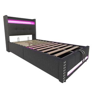 Modfu ČALÚNENÁ posteľ z ľanovej látky 90x200 cm sivá s LED osvetlením, USB portom a hydraulickým úložným priestorom vyobraziť