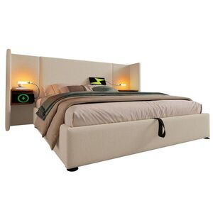 Modfu ČALÚNENÁ posteľ z kovu, masívneho dreva a ľanu 252x213x104 cm béžová s čítacou lampou, USB a Type-C nabíjaním vyobraziť