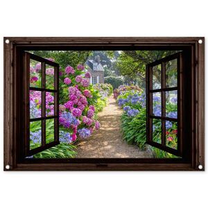 OnlyWow ZÁHRADNÝ PLAGÁT Hortenzie - Priehľadné - Kvety - Fialové - Príroda - Tmavohnedé okno 90x60 cm vyobraziť