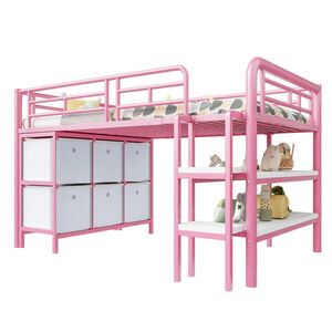 OKWISH VYSOKÁ posteľ 90/200 cm 207/105/107, 5 cm ružová z MDF a kovu so schodíkmi a úložným priestorom vyobraziť