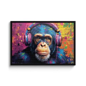 MuchoWow ZARÁMOVANÝ PLAGÁT Graffiti - Šimpanz - Street art - Slúchadlá - Opica 90x60 cm vyobraziť