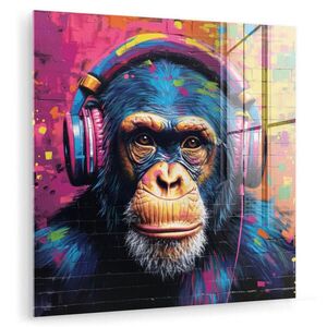MuchoWow OBRAZ NA AKRYLOVOM SKLE Graffiti - Šimpanz - Street art - Slúchadlá - Opica 50x50 cm vyobraziť