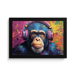 MuchoWow ZARÁMOVANÝ PLAGÁT Graffiti - Šimpanz - Street art - Slúchadlá - Opica 30x20 cm vyobraziť