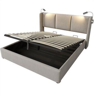 KOMHTOM ČALÚNENÁ POSTEĽ 140/200 cm z béžového ľanu s funkciou nabíjania cez USB a čelom postele vyobraziť