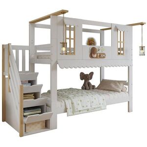 OKWISH POSCHODOVÁ posteľ 90/200 cm biela/prírodná z masívneho dreva a MDF s úložnými schodmi vyobraziť