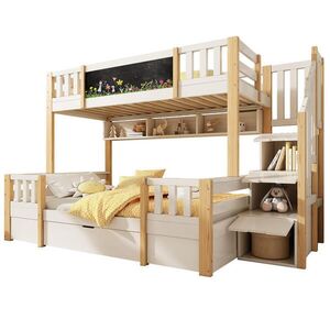 OKWISH POSCHODOVÁ posteľ 90/140/200 cm biela/prírodná s tabuľou, úložnými schodmi a zásuvkami z dreva a kovu vyobraziť