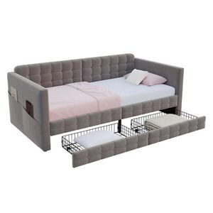 Modfu ČALÚNENÁ posteľ z velúru 90x190 cm sivá s úložným priestorom, bočnými vreckami a 2 zásuvkami vyobraziť