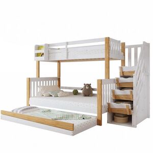 OKWISH POSCHODOVÁ posteľ 90/200 a 120/200 cm biela/prírodná s prístelkou a úložnými schodmi z masívneho dreva a MDF vyobraziť