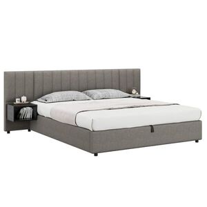 OKWISH ČALÚNENÁ posteľ 180/200 cm sivá a čierna z ľanu s hydraulickým úložným priestorom a 2 nočnými stolíkmi vyobraziť