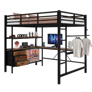 Redom VYVÝŠENÁ kovová posteľ 140/200 cm s LED osvetlením, písacím stolom, USB a zásuvkami, Čierna vyobraziť