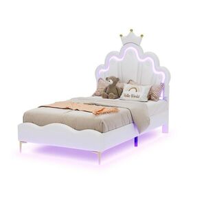 Redom DETSKÁ posteľ 90/200 cm s LED osvetlením, korunovým čelom a mäkkým PU čalúnením, Biela vyobraziť