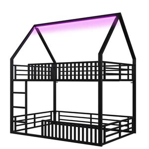 Redom VYVÝŠENÁ posteľ 140/200 cm kovová s LED osvetlením, domčekovým dizajnom a ochranným plotom, Čierna vyobraziť