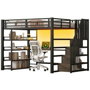 Redom VYVÝŠENÁ posteľ 140/200 cm s písacím stolom, úložnými schodmi, 4-policovým regálom, USB a LED osvetlením, Čierna vyobraziť