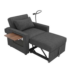 Redom ROZKLADACIA pohovka 93/150/85 cm s USB a Type-C portom, nastaviteľným operadlom a bočným stolíkom, Sivá vyobraziť