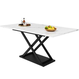 Redom JEDÁLENSKÝ stôl 120-160/80/75 cm rozkladací s krížovými kovovými nohami a mramorovým vzhľadom, Biela/Čierna vyobraziť