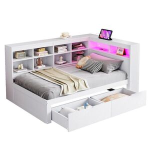 Redom POSTEĽ 90/200 cm s USB portom, LED osvetlením a úložným priestorom z masívneho dreva, Biela vyobraziť