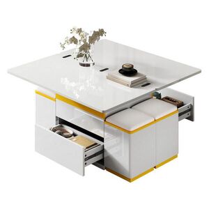 Redom KONFERENČNÝ stolík 100/50/43 cm s výklopnou doskou, úložným priestorom a 4 taburetkami, Biely/žltý vyobraziť