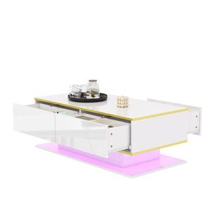 Redom KONFERENČNÝ stolík 100/50/40 cm s LED osvetlením, 3 zásuvkami a vysokým leskom, Biela/zlatá vyobraziť