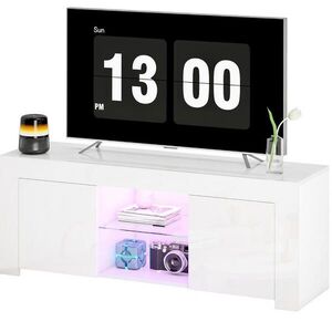 Redom TV stolík 120/34/45 cm s RGB LED osvetlením, sklenenou policou a otvormi na káble, Biela vyobraziť