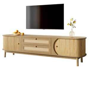 Redom TV stolík 170/39, 5/46 cm z MDF s posuvnými dvierkami, zásuvkami a ratanovým vzhľadom, Prírodná vyobraziť
