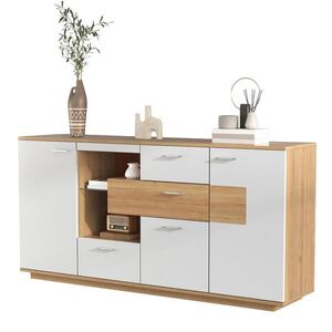 Redom SIDEBOARD 160/40/77 cm s LED osvetlením, 2 dvierkami, 4 zásuvkami a nastaviteľnými policami, Biela/Drevodekor vyobraziť