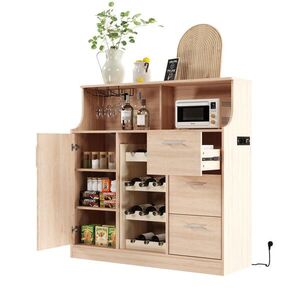 Redom SIDEBOARD 120/40/121 cm s LED osvetlením, zásuvkou, držiakom na poháre a stojanom na víno, Prírodná a biela vyobraziť