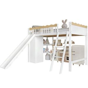 Redom VYVÝŠENÁ posteľ 90/200 cm so šmykľavkou, skriňou a úložnou skrinkou z masívu a MDF, Biela/Prírodná vyobraziť