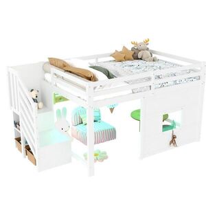Redom VYVÝŠENÁ posteľ 140/200 cm so schodmi s úložným priestorom, oknom a LED osvetlením, Biela vyobraziť