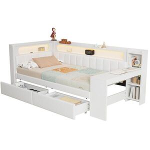 Redom POSTEĽ pre mládež 90/200 cm čalúnená s LED osvetlením, USB, stolom a 2 zásuvkami, Biela vyobraziť