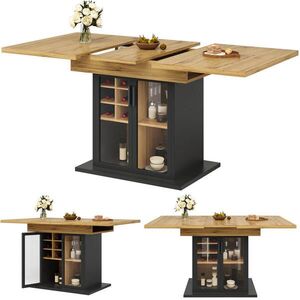Redom JEDÁLENSKÝ stôl 110-140/80/76 cm rozkladací s držiakom na víno a sklenenými dvierkami, Čierna vyobraziť