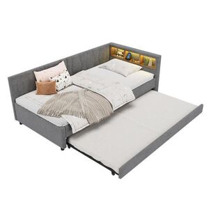 OKWISH DENNÁ posteľ 90/200 cm sivá s výsuvným lôžkom, LED osvetlením, USB a úložným čelom z ľanu a MDF vyobraziť