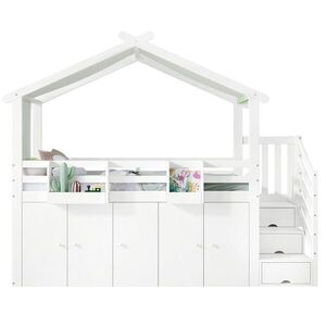 OKWISH POSCHODOVÁ posteľ 90/200 cm bielo-zelená s úložnými schodmi a skriňou z borovice, MDF a preglejky vyobraziť