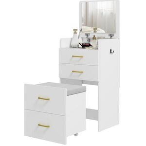 OKWISH TOALETNÝ stolík 48/40/90 cm biely 3 v 1 z dreva so zrkadlom zásuvkami a pojazdným taburetom vyobraziť