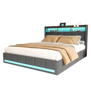 SHOPENTRA ČALÚNENÁ posteľ 180x200 cm sivá ľanová s LED podsvietením, USB typu C, 4 zásuvky vyobraziť