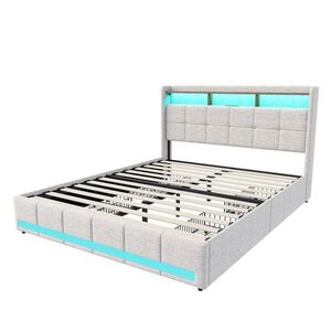 SHOPENTRA ČALÚNENÁ posteľ 140x200 cm béžová ľanová LED USB 4 zásuvky vyobraziť