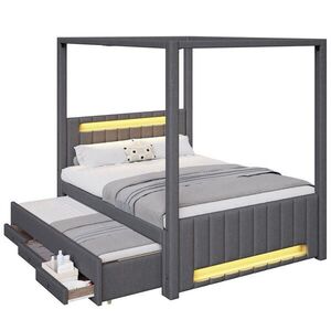 OKWISH POSTEĽ s nebesami 140/200 cm sivá s výsuvným lôžkom, LED osvetlením a zásuvkami z ľanu, MDF a borovice vyobraziť