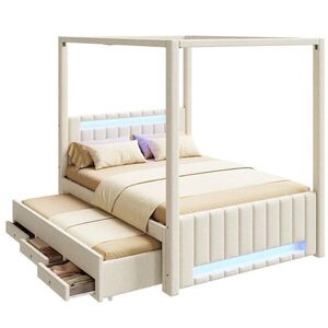 OKWISH NEBESKÁ posteľ 140/200 cm béžová s výsuvným lôžkom, LED osvetlením a zásuvkami z MDF a ľanovej tkaniny vyobraziť
