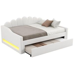 OKWISH DENNÁ posteľ 140/200 cm béžová z MDF a preglejky s ľanovým čalúnením LED osvetlením a výsuvným lôžkom vyobraziť