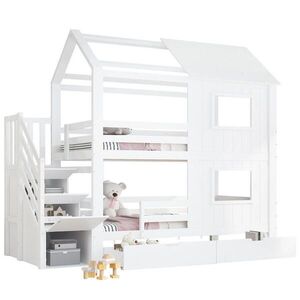 OKWISH POSCHODOVÁ posteľ 90/200 cm biela z masívneho dreva a MDF s úložnými schodmi, zásuvkou a strechou vyobraziť