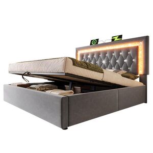 Redom ČALÚNENÁ posteľ 140/200 cm s LED osvetlením, USB a Type-C nabíjaním, hydraulickým úložným priestorom, Sivá vyobraziť