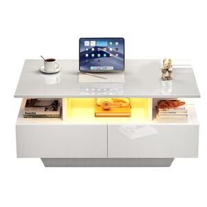 OKWISH KONFERENČNÝ stolík 90/55/41 cm biely z drevotriesky s LED osvetlením a 2 zásuvkami vyobraziť