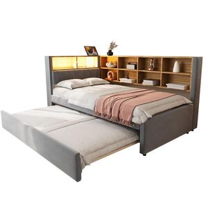 OKWISH ČALÚNENÁ posteľ 90/200 cm tmavosivá s výsuvným lôžkom 90/190 cm LED osvetlením a úložnými priestormi z flanelu vyobraziť