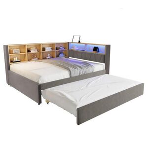 OKWISH ČALÚNENÁ posteľ 140/200 cm tmavosivá s výsuvným lôžkom LED osvetlením a úložným priestorom z flanelu vyobraziť