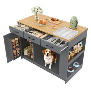 OKWISH KUCHYNSKÝ ostrovček 120/60/90 cm prírodná/sivá z MDF s 3 zásuvkami nastaviteľnou policou a priestorom pre domáce zviera vyobraziť
