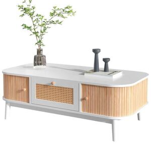 OKWISH KONFERENČNÝ stolík 110/55/38, 5 cm bielo-drevený z MDF s ratanovými zásuvkami a úložným priestorom vyobraziť